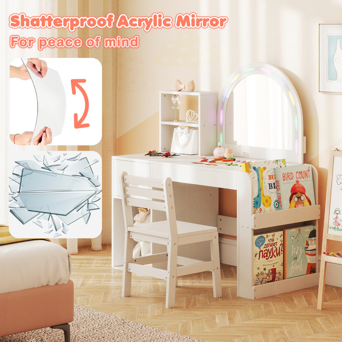 Kids Vanity Table and Chair Set with Lighted Mirror Open Storage Shelves-White