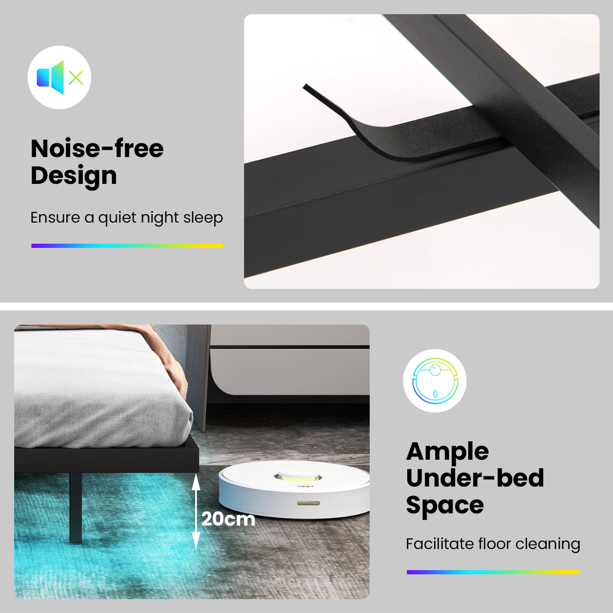 Double/King Size Floating Bed Frame with Adjustable Headboard and Charging Station-Grey-King Size