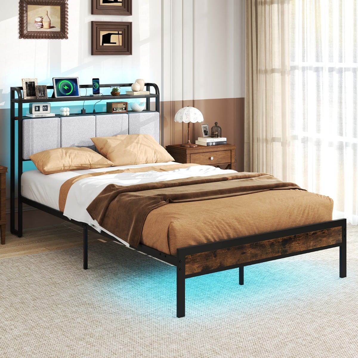 King Size Bed Frame with LED Light and Charging Station-Double Size