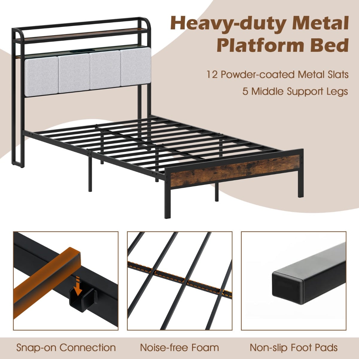 King Size Bed Frame with LED Light and Charging Station-Double Size