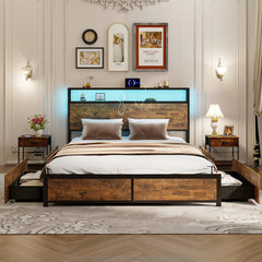5 Feet King Size Metal Bed Frame with RGB LED Lights and Charging Station