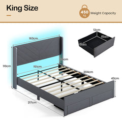 King Size Bed Frame with LED Lights Dutch Velvet Upholstered Platform Bed-Grey