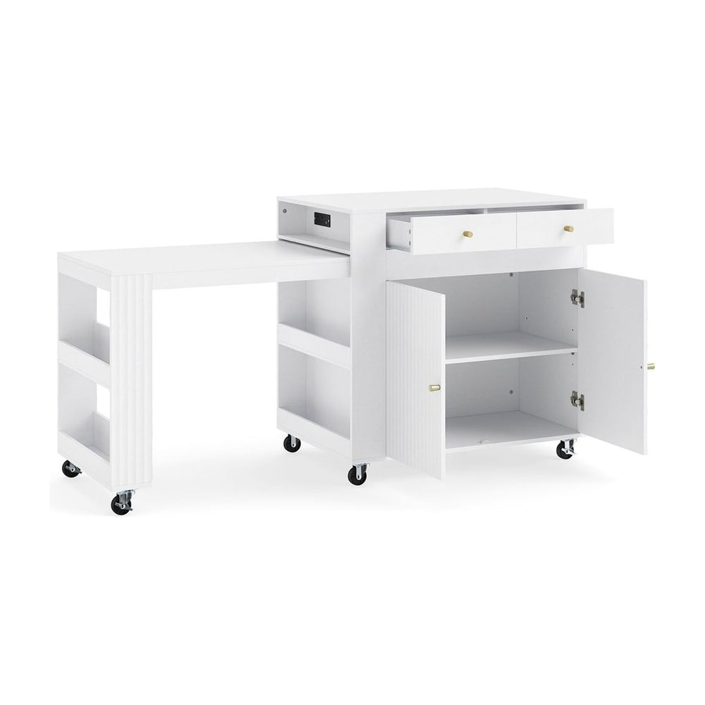 Kitchen Island with extendable dining table and power outlet, white finish with fluted doors and drawers