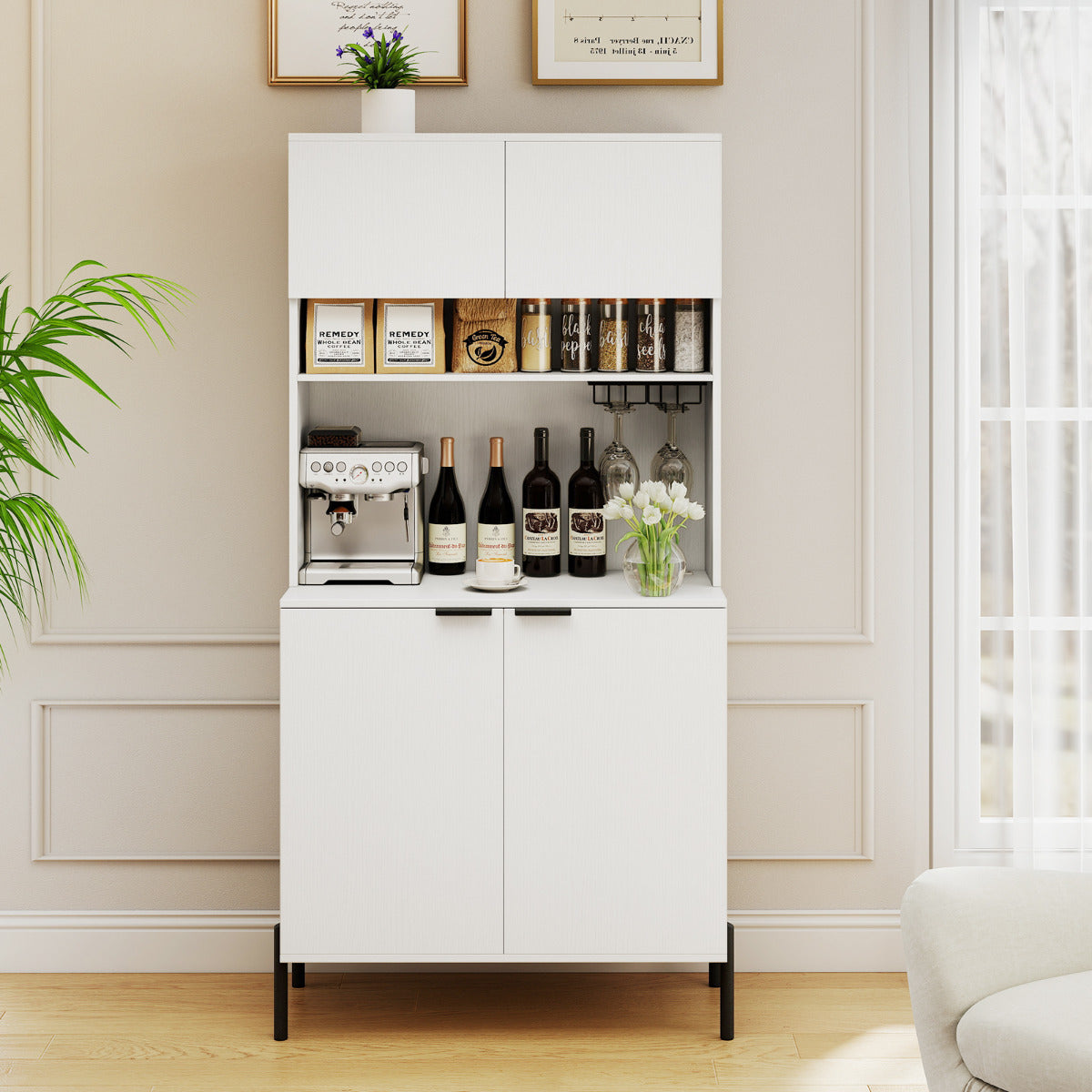 Kitchen Pantry Cabinet with Power Outlets and Wine Racks-White