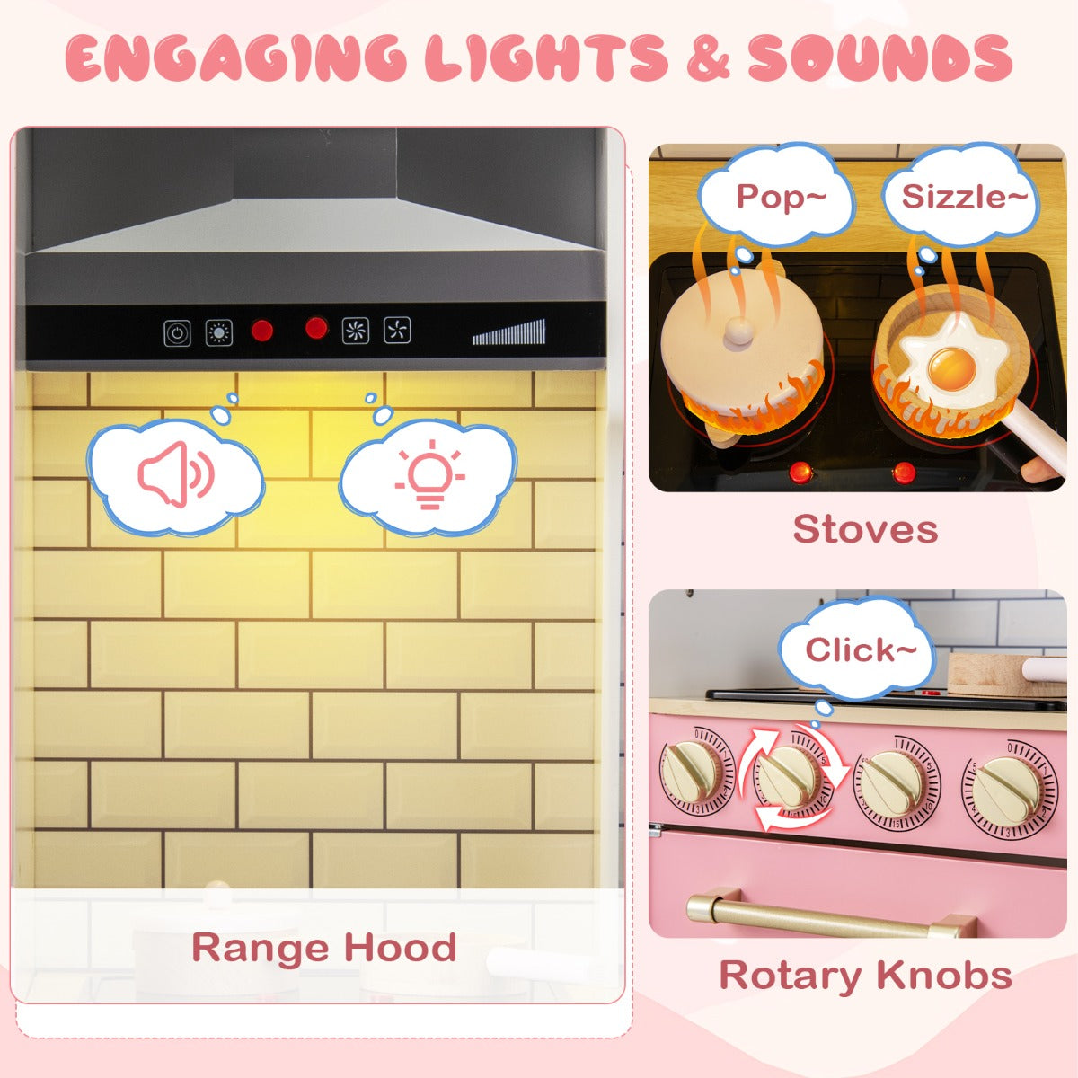 Kitchen Playset for Kids with Realistic Lights and Sounds-Pink