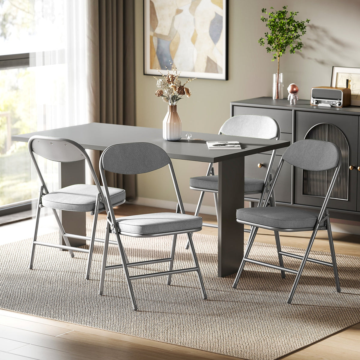 HOMCOM Set of Four Folding Corduroy Seat Chairs - Grey