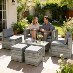 Outsunny 6 Piece Rattan Garden Furniture Set, Nesting Patio Conversation Set with Loveseat, Chairs, Table, Footstools, Dark Grey