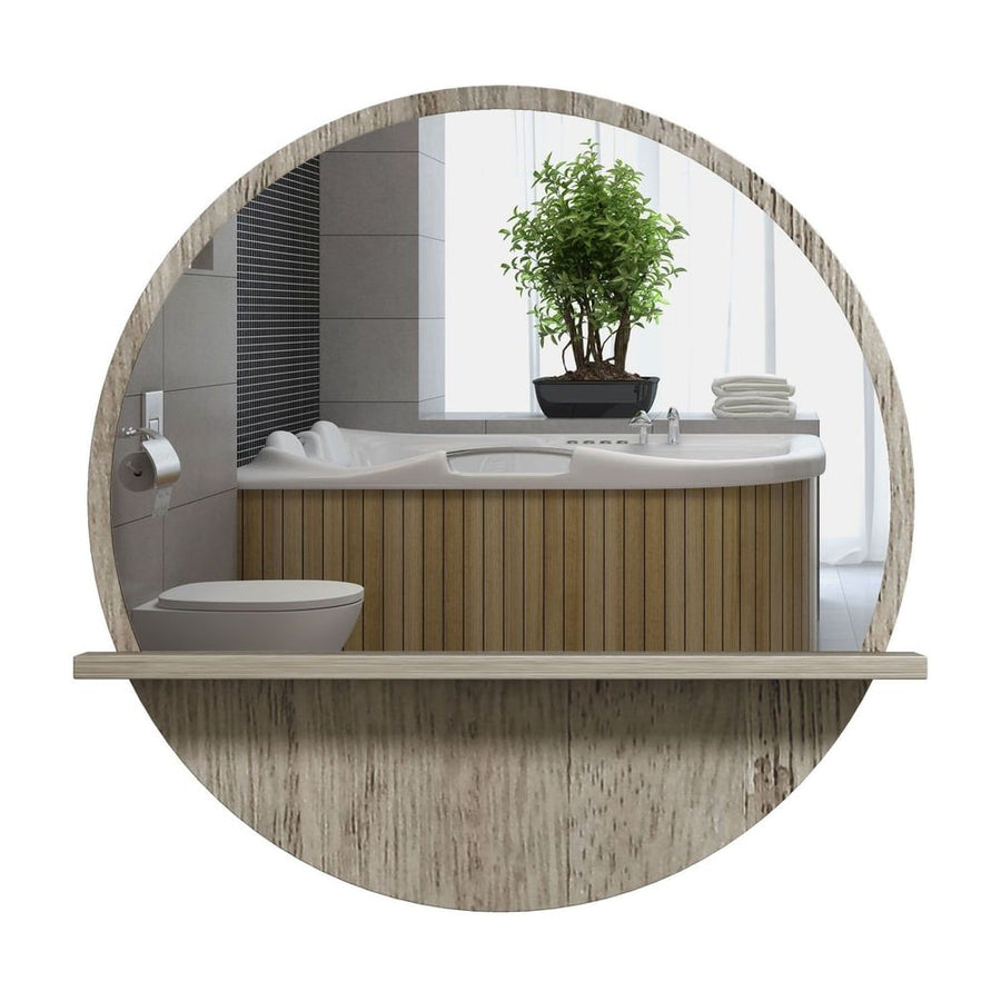 kleankin 45cm Round Home Mirror, with Shelf - Grey Wood-Effect
