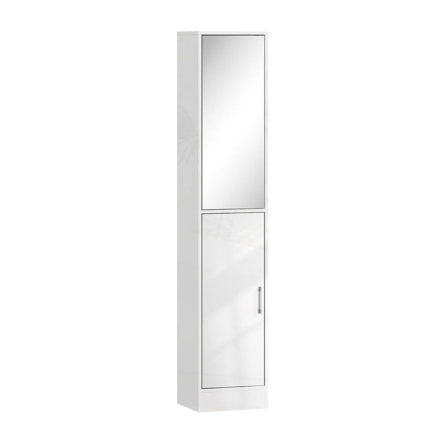 kleankin Tall Bathroom Cabinet with Mirror and Adjustable Shelf - High Gloss White