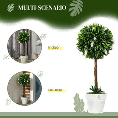 HOMCOM Set of 2 Decorative Artificial Plants Ball Trees with Flower for Home Indoor Outdoor Decor, 60cm,White