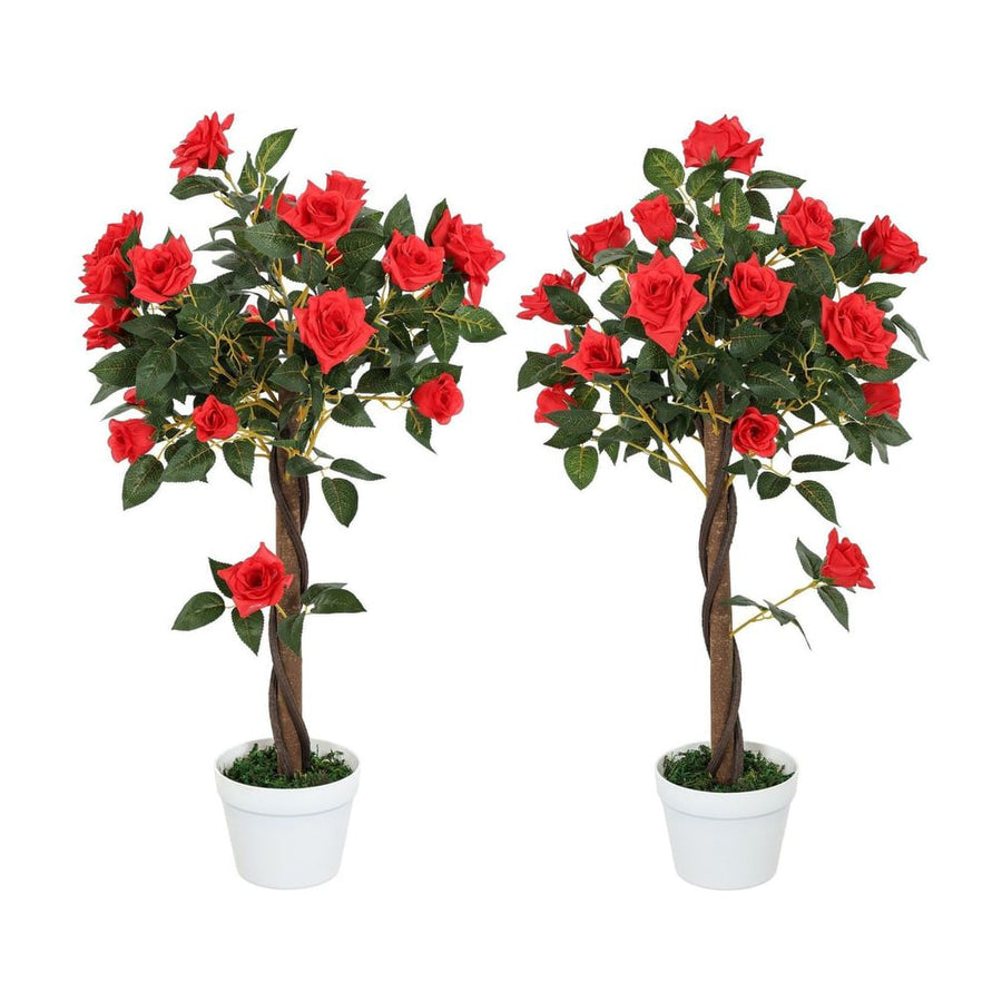 Outsunny Set of 2 Artificial Plants White Rose Floral in Pot, Fake Plants for Home Indoor Decor, 90cm, Red