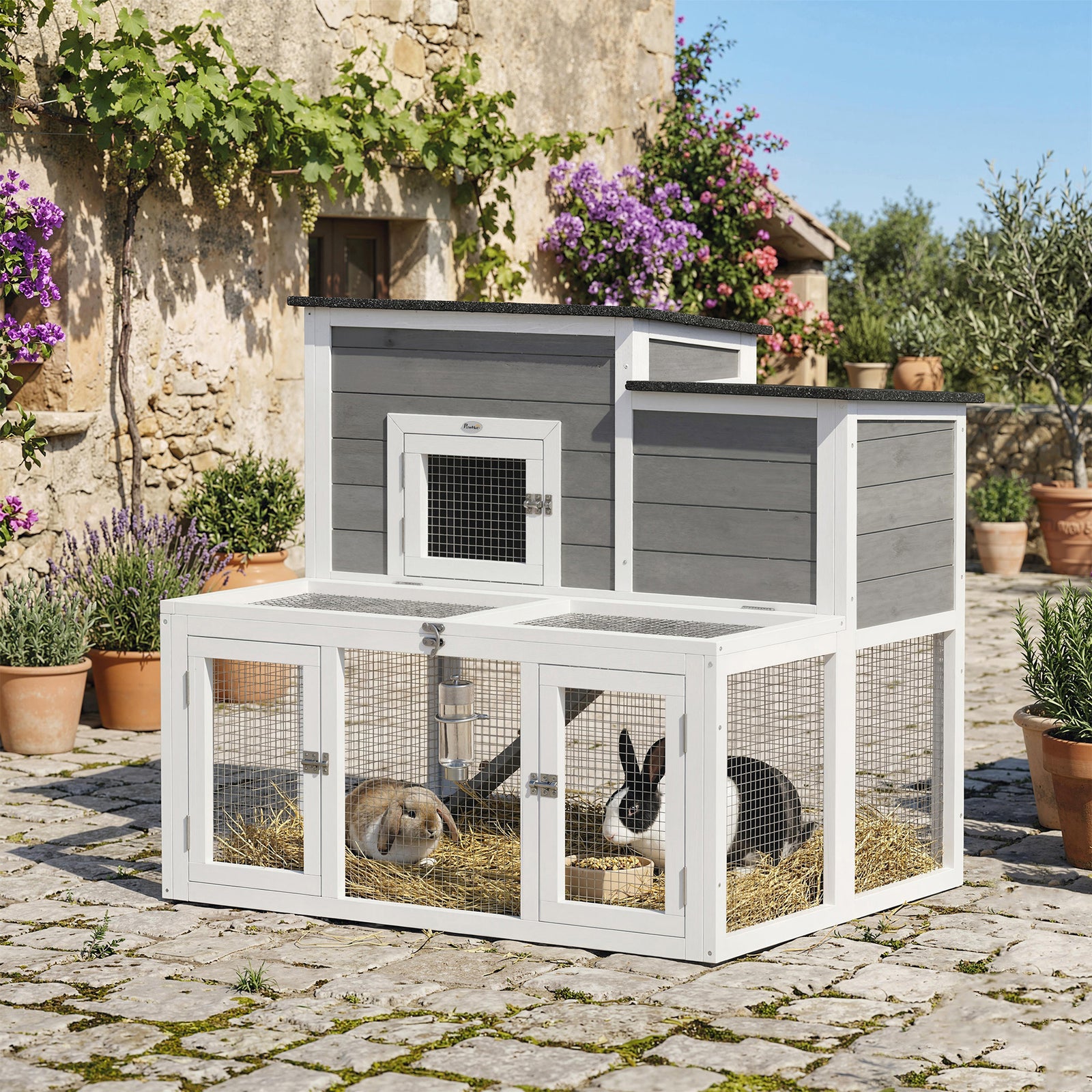 PawHut Wooden Rabbit Hutch, Indoor Outdoor Bunny Cage with Waterproof & Openable Roof, Pull Out Tray and Ramp, Guinea Pig Hutch