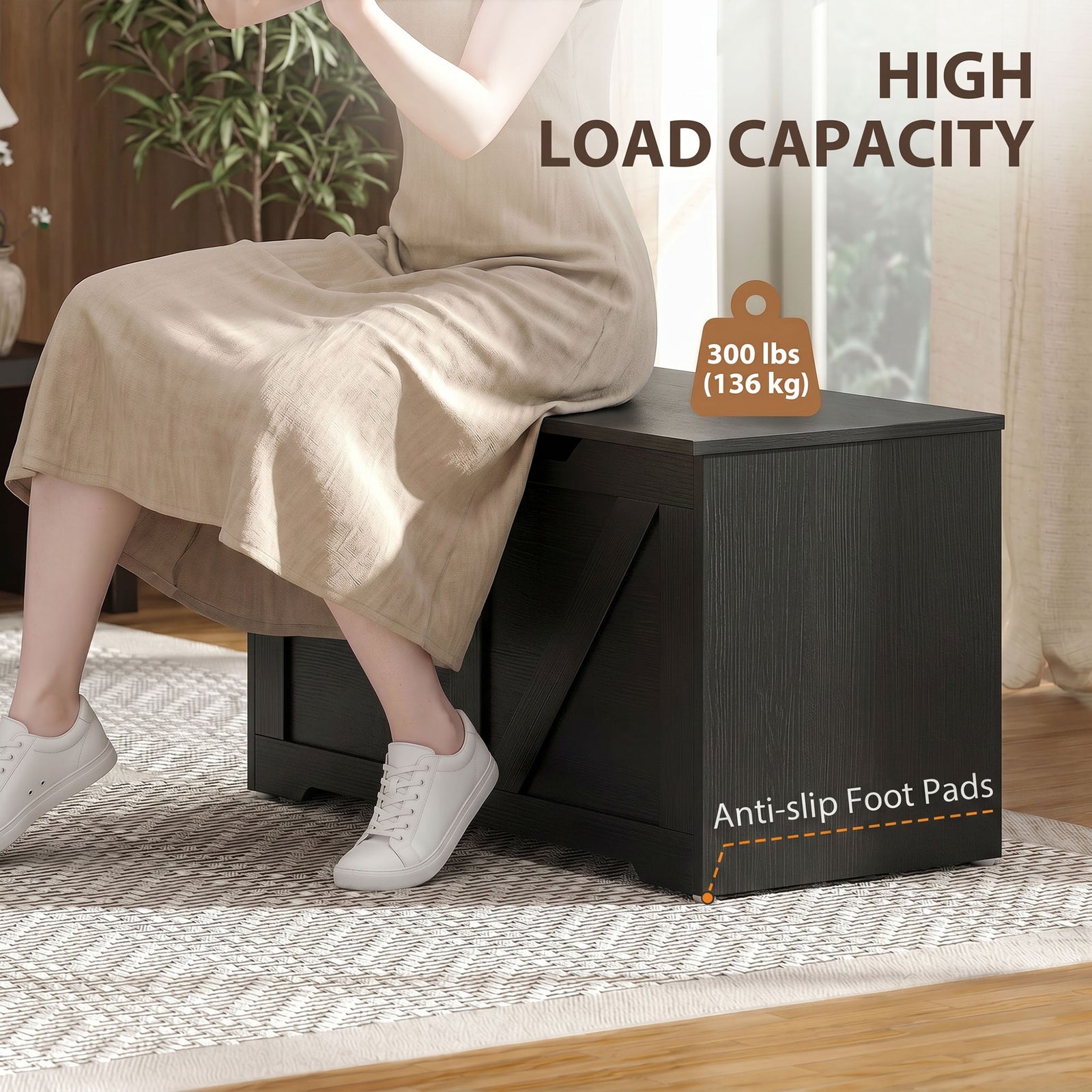 HOMCOM 100L Home Storage Box, with Safety Hinge - Black Wood-Effect
