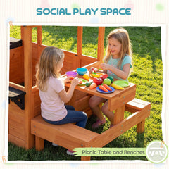 AIYAPLAY Wooden Playhouse Playhouse for Kids with Table, Benches, Sink Table, Windows, Flowerpot Holders, for Ages 3-8, Brown