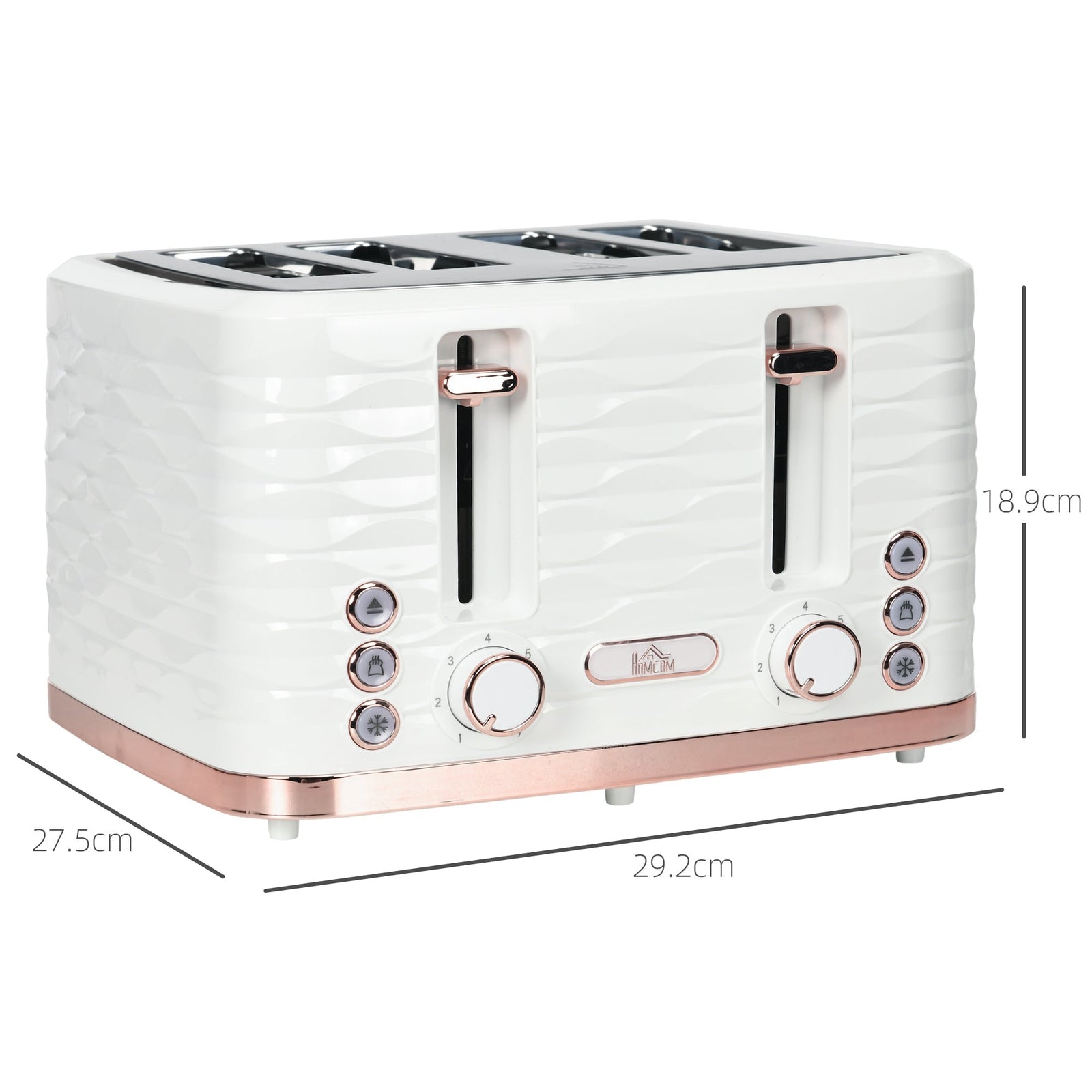 The four-slice toaster shown with dimension lines indicating its height, width and depth