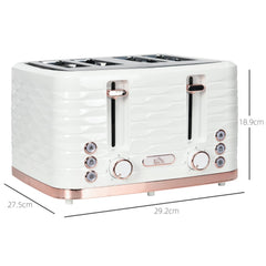 The four-slice toaster shown with dimension lines indicating its height, width and depth