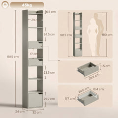 HOMCOM Bookcase Tall Narrow with 5 Tiers and Drawers Freestanding Bookshelf Storage Cabinet for Living Room Grey