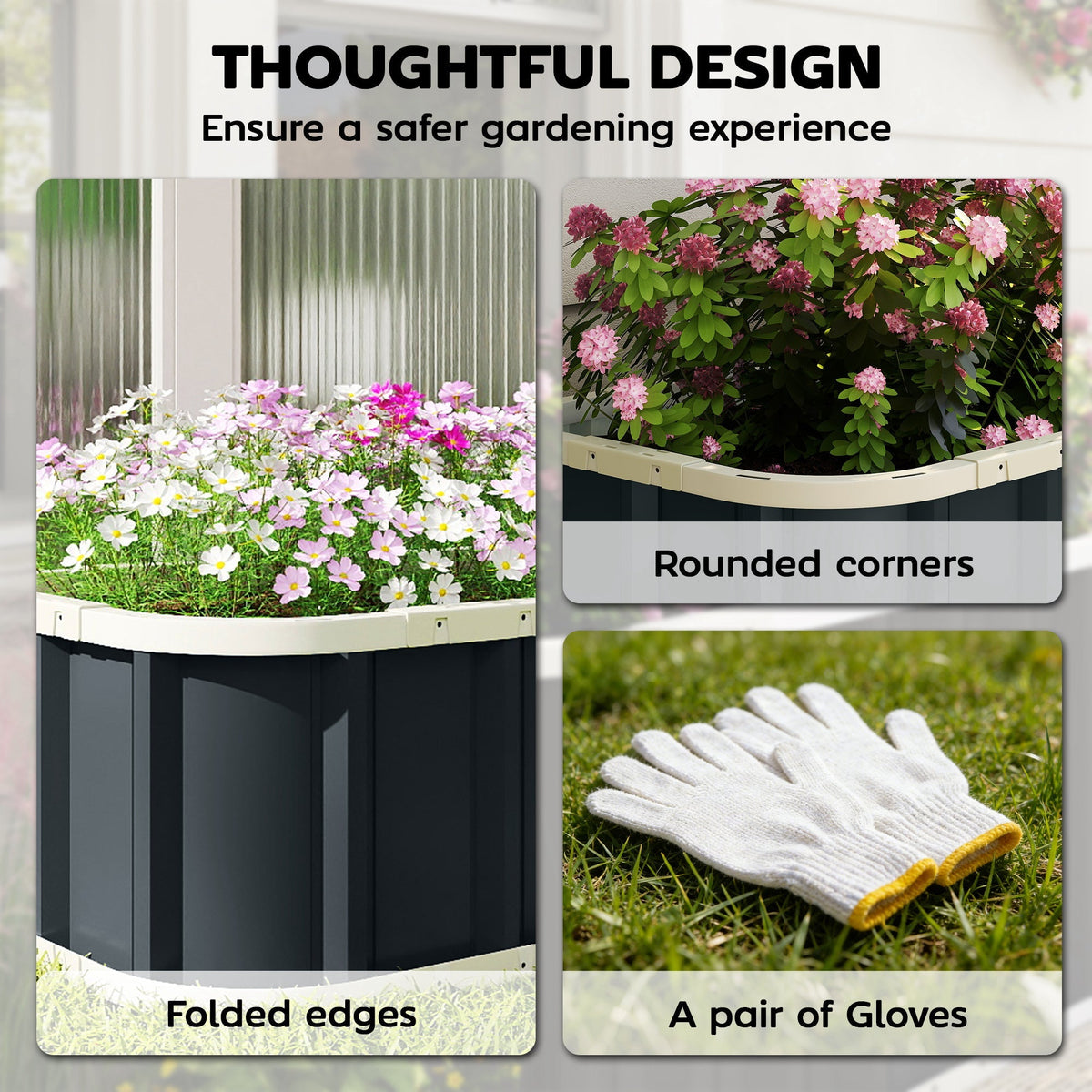 Outsunny Galvanised Raised Garden Bed, 4.5 x 2 x 1 ft Metal Planter with Gloves and Folded Edging, Dark Grey