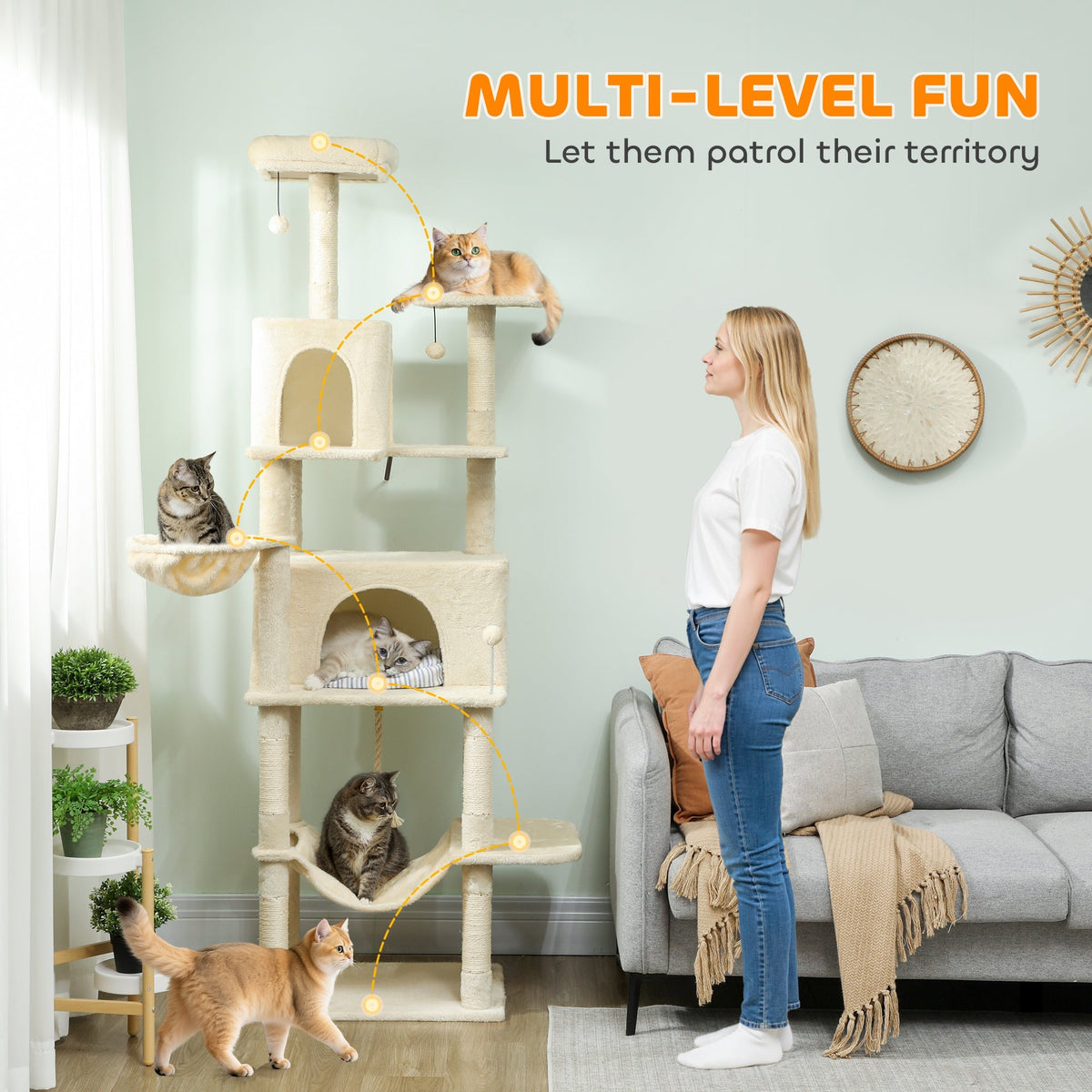 PawHut 202cm Cat Tree with 6 Scratching Posts, 2 Hammocks, 2 Condos, 2 Perches, Pompoms, for Cats to Rest and Play, Beige