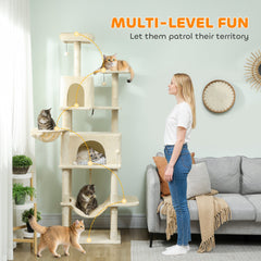 PawHut 202cm Cat Tree with 6 Scratching Posts, 2 Hammocks, 2 Condos, 2 Perches, Pompoms, for Cats to Rest and Play, Beige