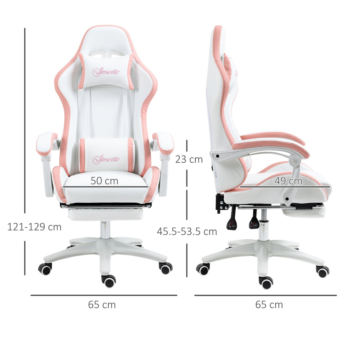Vinsetto Computer Gaming Chair, PU Leather Office Desk Chair with Footrest, Swivel Wheels, 135 Reclining Back, Lumbar Support, Headrest for Home, White and Pink