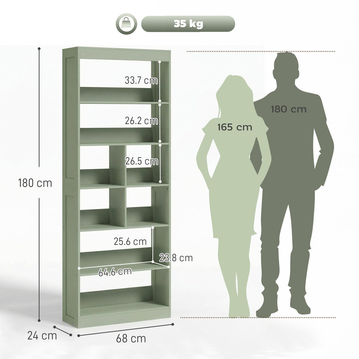 HOMCOM Bookcase, 6-Tier Bookshelf with Open Storage Shelves, Cubes, 180 cm Tall Display Shelf with Anti-Tipping Design, Green