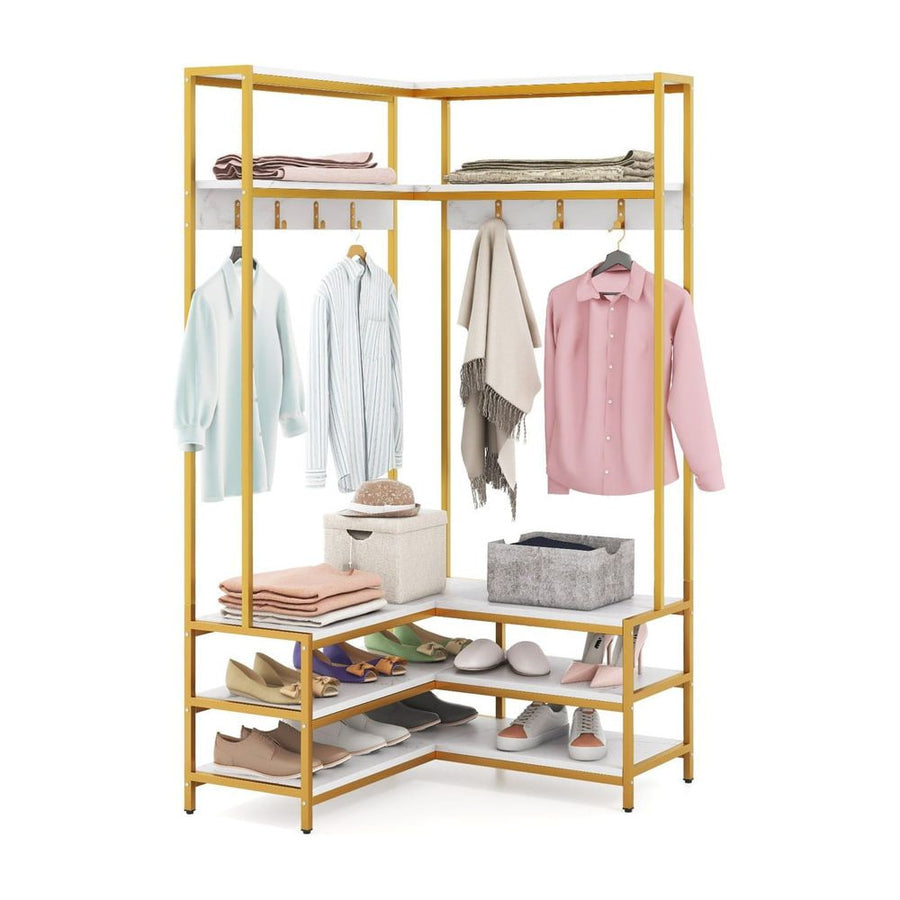 L-shaped Clothes Corner Garment Rack with open shelves and 7 hooks in white