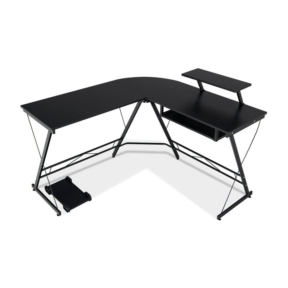 L-Shaped Computer Desk with movable host stand and removable monitor shelf in black