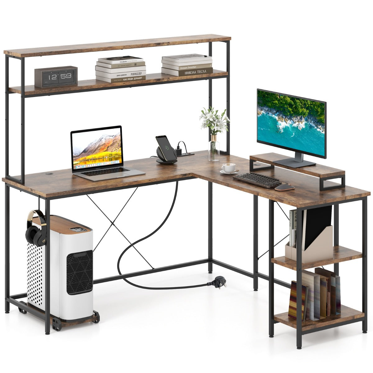 L-Shaped Gaming Desk with LED Strip and Power Outlets shown on a plain white background