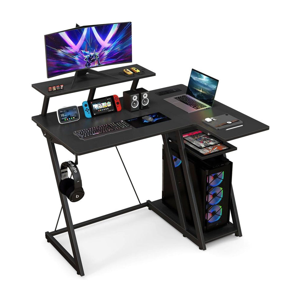 L-Shaped Gaming Desk with a monitor shelf and computer equipment on a white background