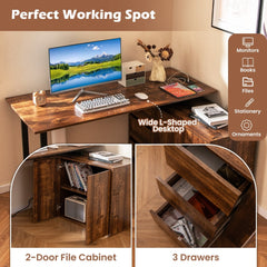 The office desk highlighting the storage space inside the two-door cabinet and three drawers