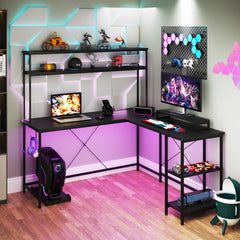 L-Shaped Gaming Desk with LED Strip and Power Outlets in Black