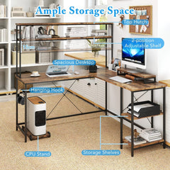 The office desk highlighting storage features like the hutch and shelves