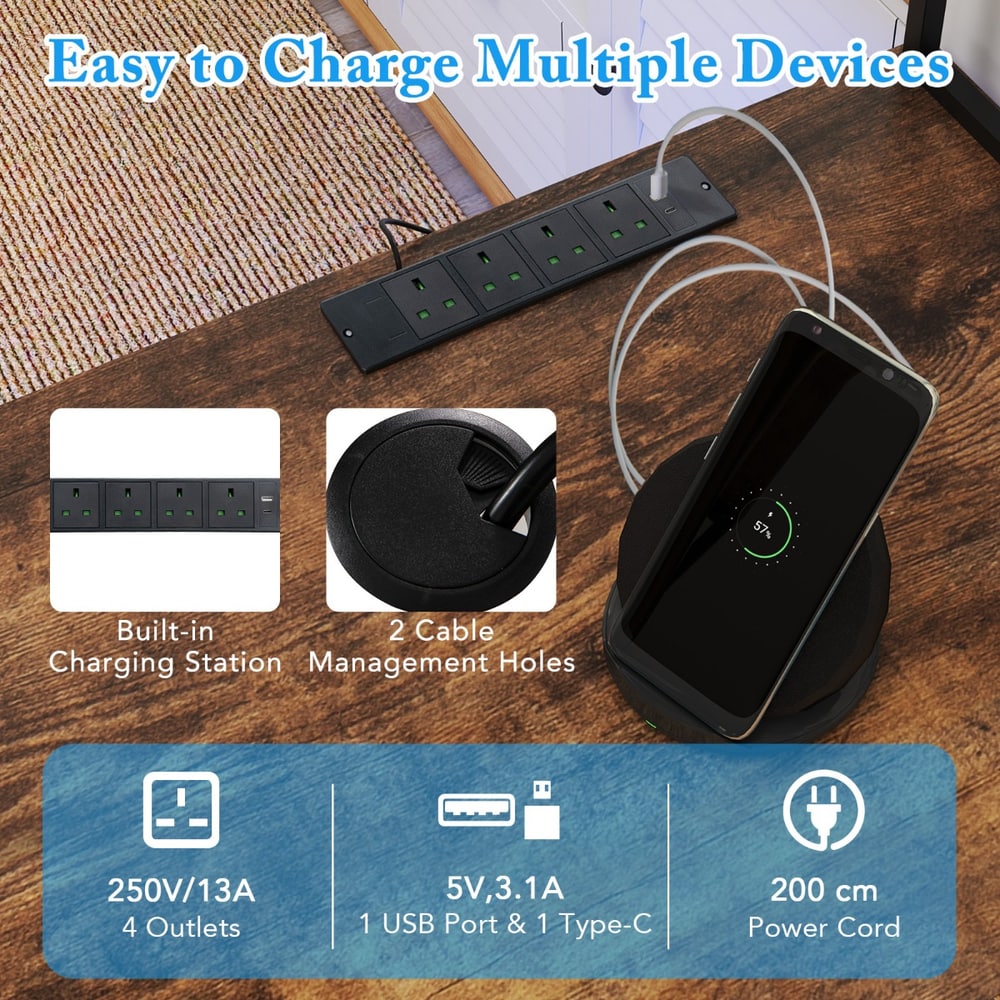 The office desk surface showing the power outlets and cable management
