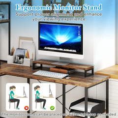 The office desk featuring a monitor stand with ergonomic posture advice