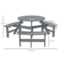 Outsunny Wooden Garden Dining Set, 6 Seater Round Dining Picnic Table with Matching Bench, Garden Furniture Set with Parasol Hole for Outdoor Patio Party and Family Gatherings, Grey