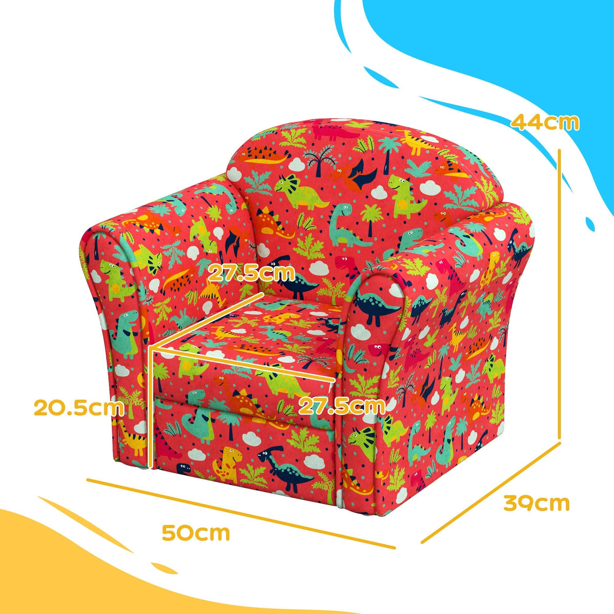 AIYAPLAY Kids Armchair with Dinosaur Design, Wooden Frame, for Bedroom, Playroom, Kids Room - Red