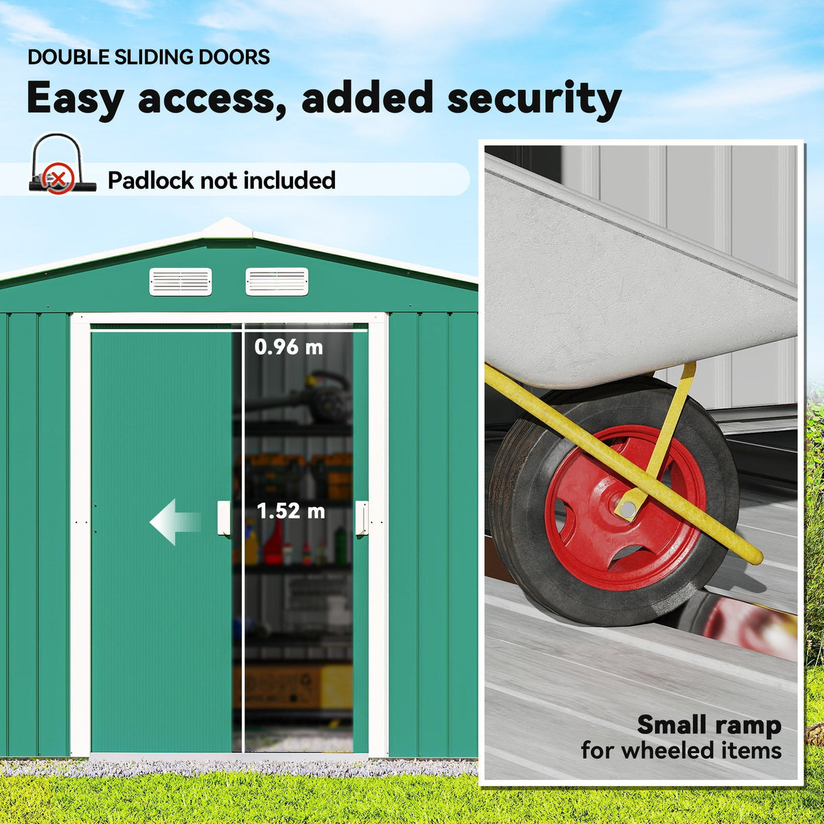 Outsunny 9 x 6ft Metal Garden Shed, Outdoor Storage Tool House with Ventilation Slots, Foundation Kit and Lockable Double Doors, Green