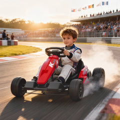 AIYAPLAY 24V Electric Go Kart, Drift Kart with Adjustable Seat, Slow Start, 5-Point Harness, Music, Horn, for 6-12 Years, Red