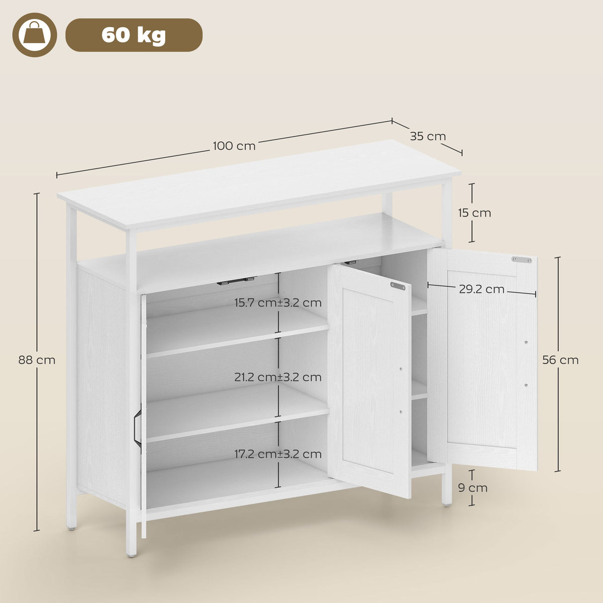 HOMCOM Industrial Kitchen Sideboard with Open Shelf, 2 Cabinets, Adjustable Shelves for Living Room, Dining Room, White