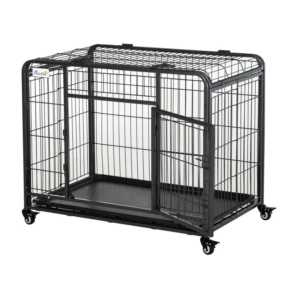 PawHut Metal Dog Cage Kennel Locking Door & Wheels Removable Tray Openable Top For Medium Pets 94 x 58 x 69.5 cm
