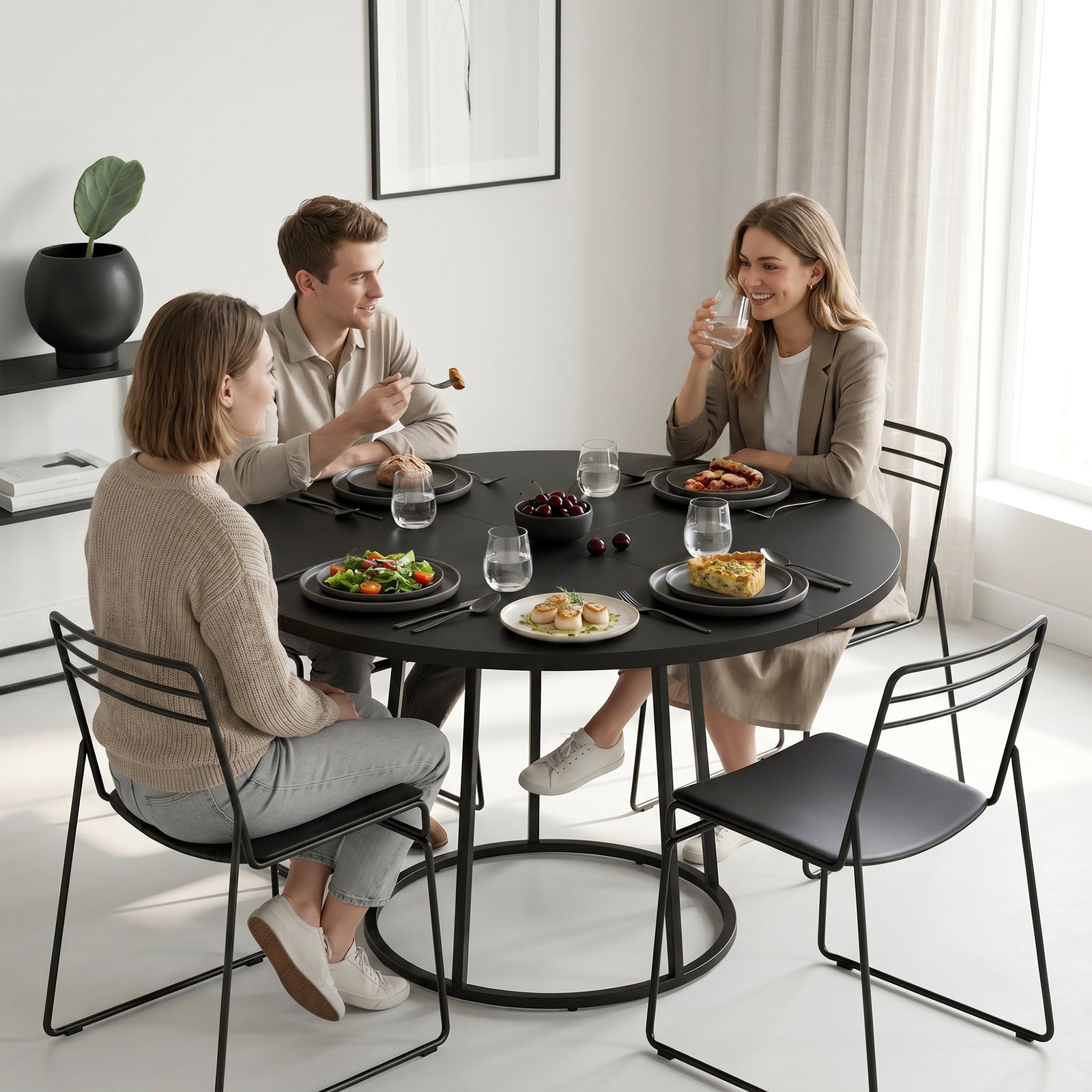 HOMCOM Dining Table Space Saving Kitchen Table Spliced Tabletop Conical Metal Base 120 cm Round Black