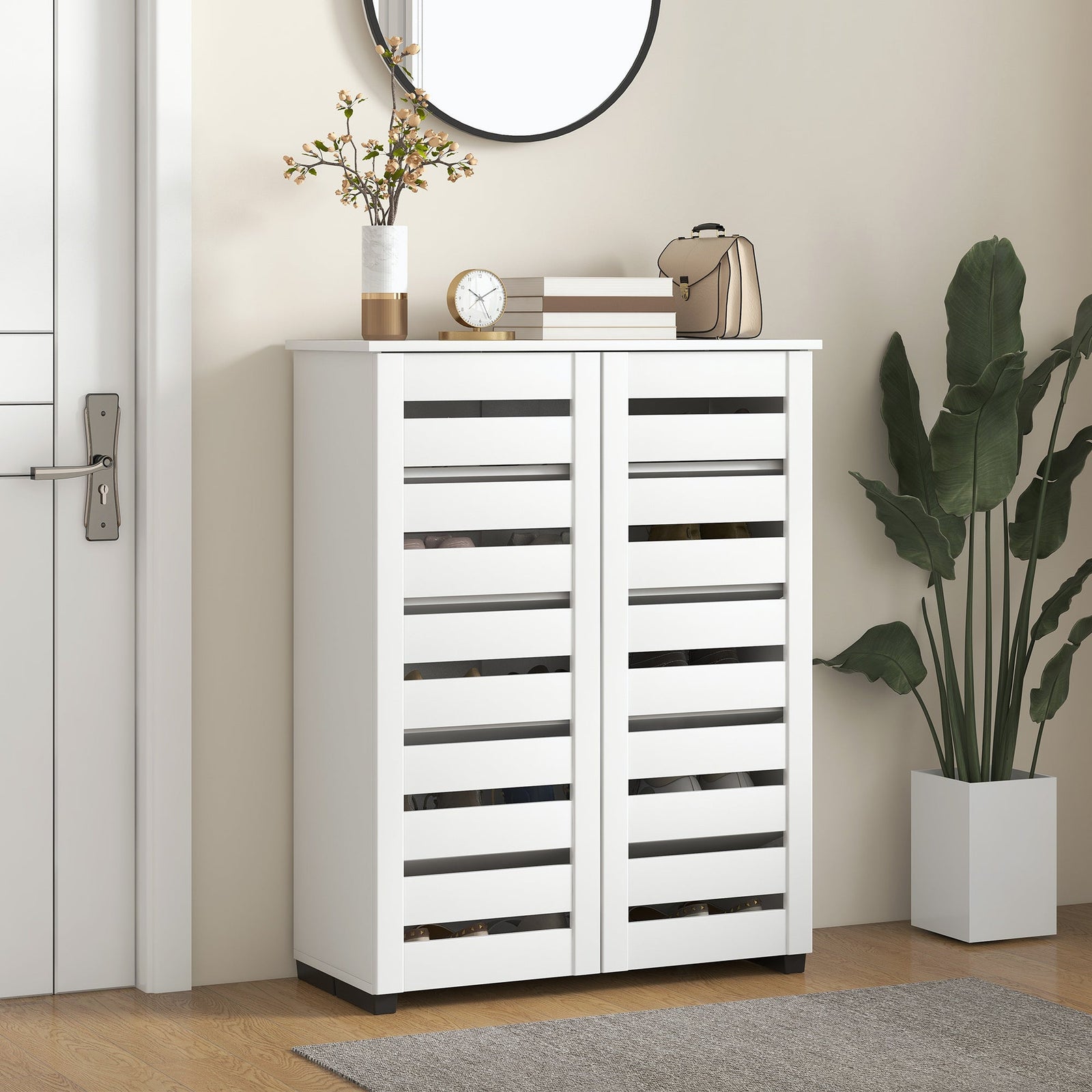 HOMCOM Narrow Shoe Cabinet for Entryway, 5-Tier Slim Shoe Storage Cabinet with 2 Slatted Doors and Adjustable Shelves