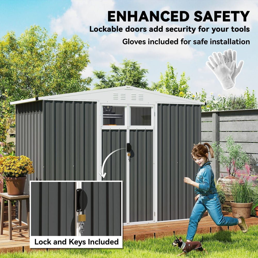 Outsunny 8 x 4 ft Metal Garden Shed, Garden Storage Shed with Window, 4 Vents and Lockable Door, Waterproof Galvanised Steel