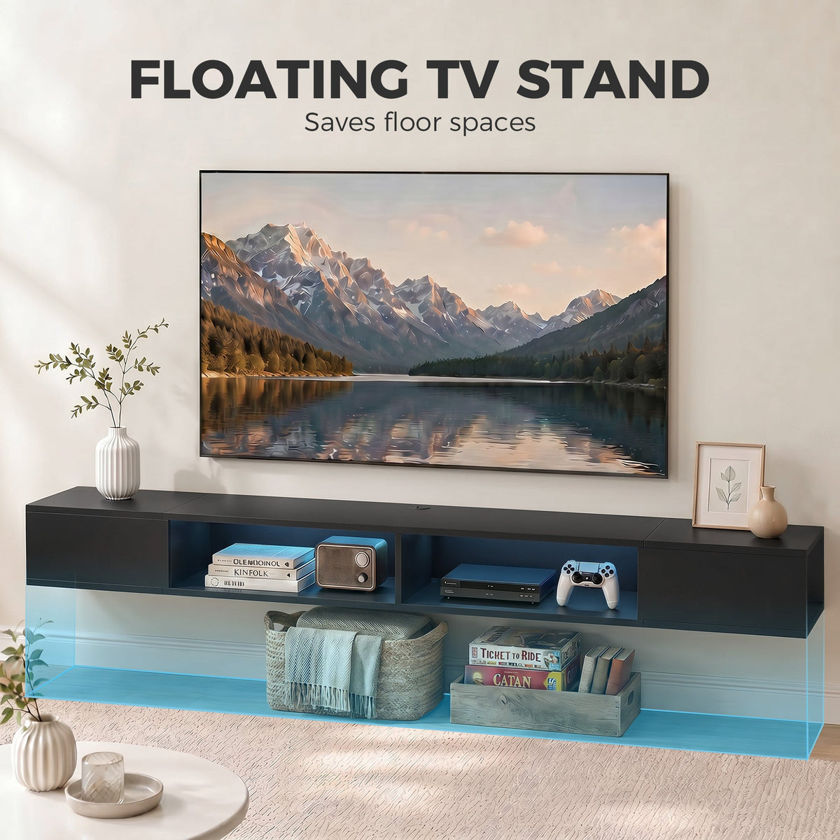 HOMCOM Wall Mounted TV Stand with RGB LED Lights, Floating Entertainment Centre for 75 Inch TV, Black