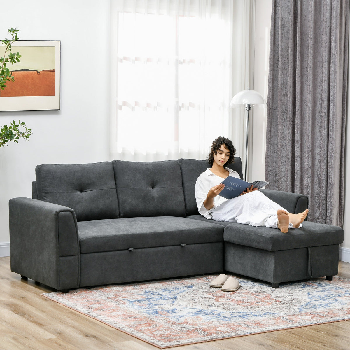 HOMCOM 3 Seater Sofa Bed, Pull Out Sofa Bed with Storage for Living Room, Dark Grey