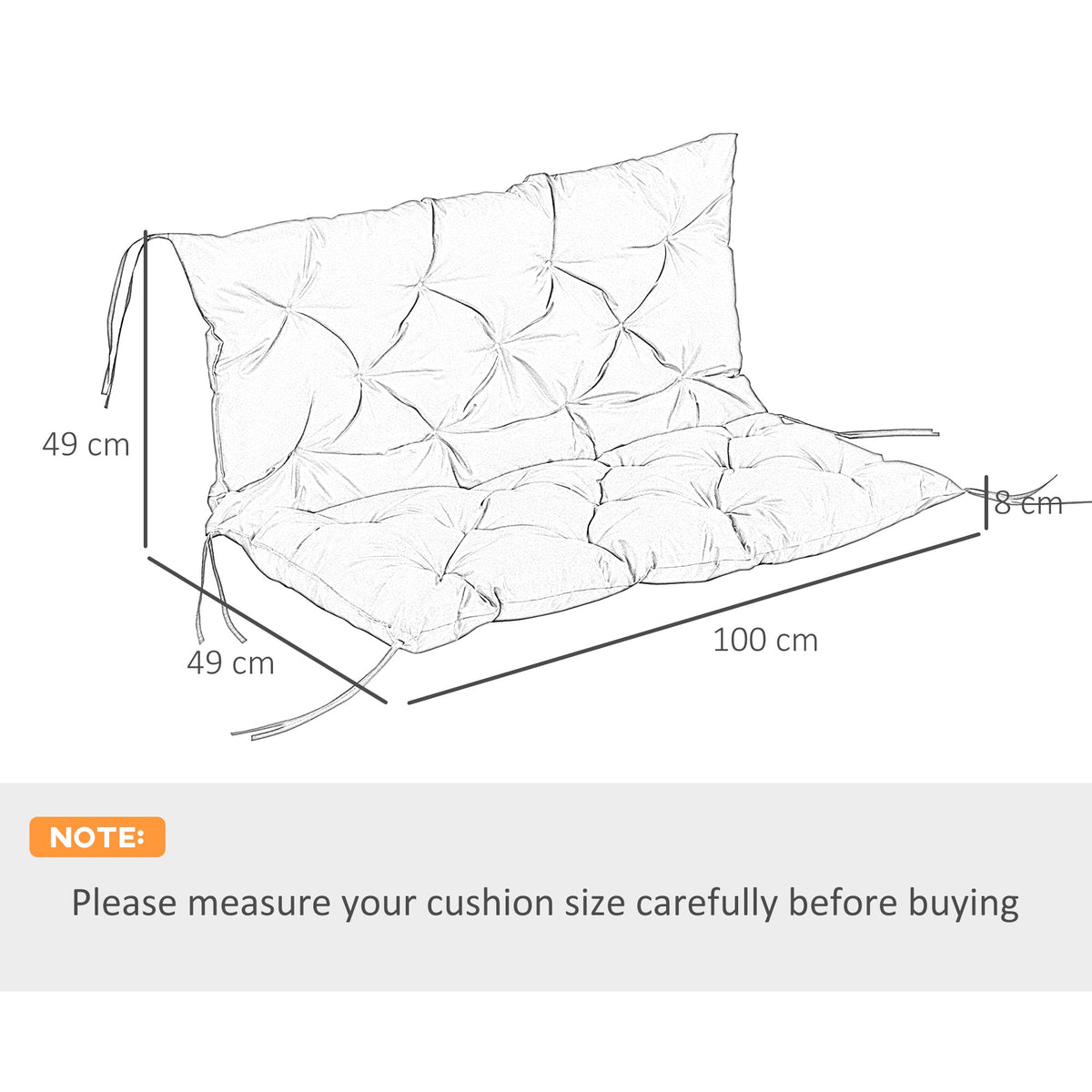 Outsunny 2 Seater Bench Pad, Garden Chair Cushion with Back and Ties for Indoor and Outdoor Use, 98 x 100 cm, Black