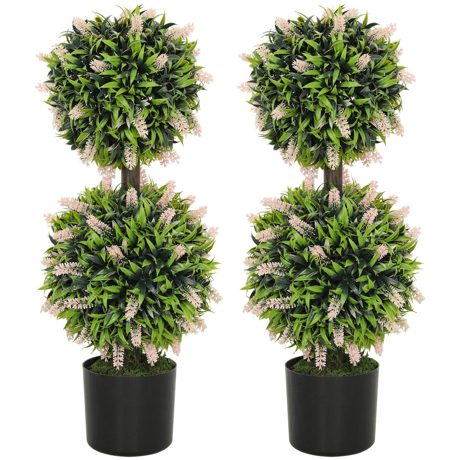 HOMCOM Set of 2 Decorative Artificial Plants Ball Trees with Lavender Flowers in Pot Fake Plants for Home Indoor Outdoor