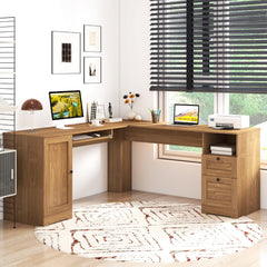 The L-shaped computer desk is set up in a home office with a rug and window