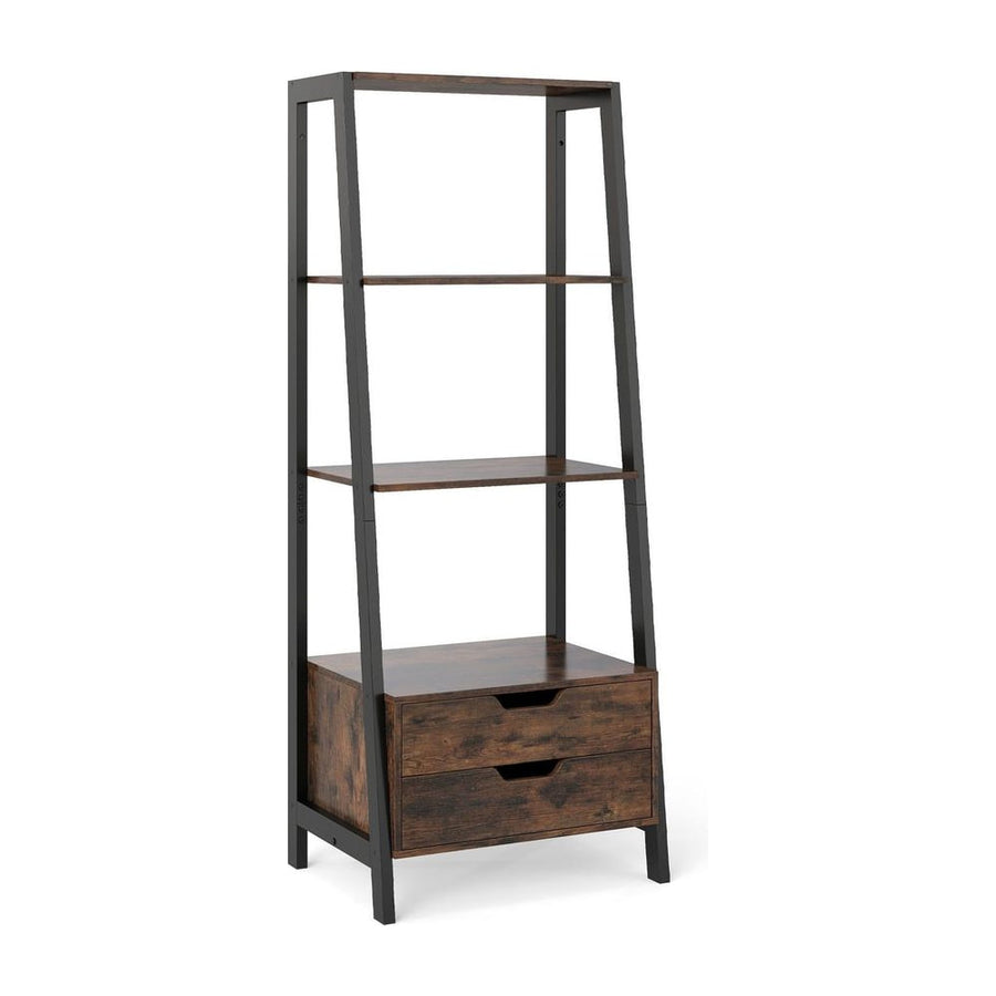 Ladder Bookshelf Tall Freestanding Display Rack with Storage showing the empty frame and two drawers